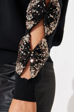 Fashion Kennedi Sequin Sleeve Detail Knit in Black Knitwear|Knitwear