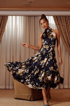 Hot Khalo Maxi Dress In Navy Floral Satin Dresses|Cocktail