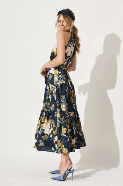 Hot Khalo Maxi Dress In Navy Floral Satin Dresses|Cocktail