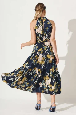 Hot Khalo Maxi Dress In Navy Floral Satin Dresses|Cocktail