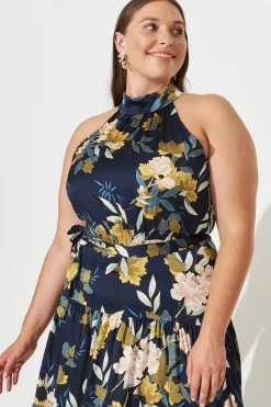 Hot Khalo Maxi Dress In Navy Floral Satin Dresses|Cocktail