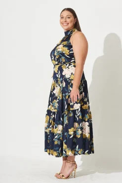 Hot Khalo Maxi Dress In Navy Floral Satin Dresses|Cocktail