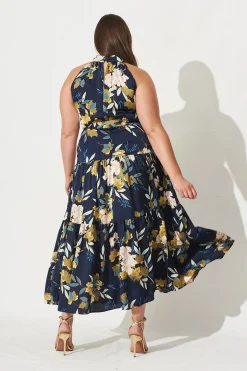 Hot Khalo Maxi Dress In Navy Floral Satin Dresses|Cocktail
