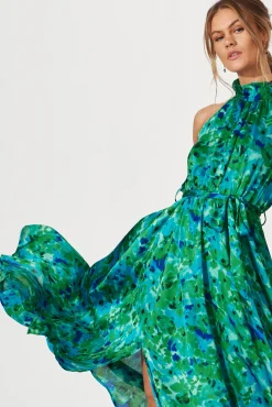 Clearance Kiss Me Halter Neck Maxi Dress In Green Watercolour Print Dresses|Cocktail