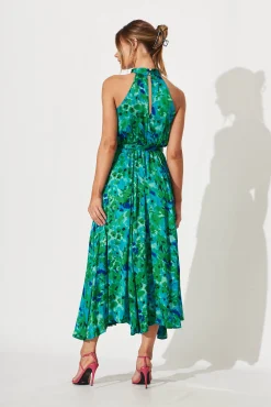 Clearance Kiss Me Halter Neck Maxi Dress In Green Watercolour Print Dresses|Cocktail