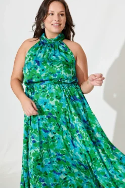 Clearance Kiss Me Halter Neck Maxi Dress In Green Watercolour Print Dresses|Cocktail
