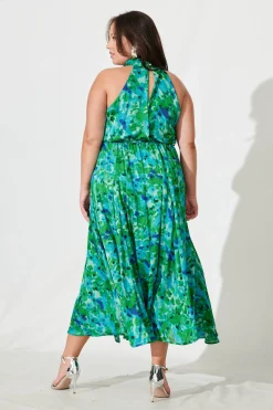 Clearance Kiss Me Halter Neck Maxi Dress In Green Watercolour Print Dresses|Cocktail