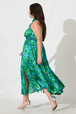 Clearance Kiss Me Halter Neck Maxi Dress In Green Watercolour Print Dresses|Cocktail