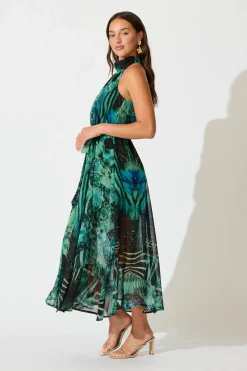 Online Kiss Me Halter Neck Maxi Dress in Green Multi Chiffon Dresses|Cocktail