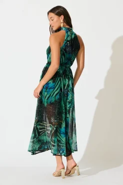 Online Kiss Me Halter Neck Maxi Dress in Green Multi Chiffon Dresses|Cocktail