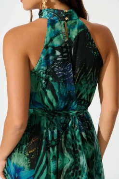 Online Kiss Me Halter Neck Maxi Dress in Green Multi Chiffon Dresses|Cocktail