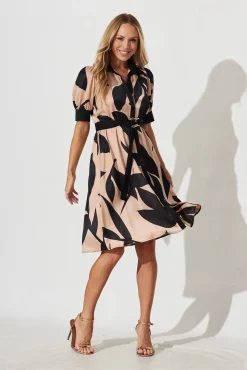 Discount Kristel Shirt Dress In Brown With Black Print Satin Dresses|Party
