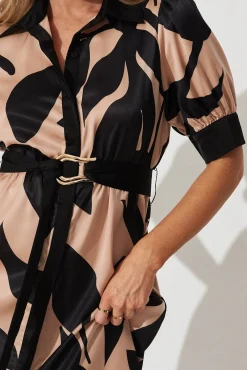 Discount Kristel Shirt Dress In Brown With Black Print Satin Dresses|Party