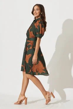 Sale Kristel Shirt Dress In Khaki With Rust Leaf Print Satin Dresses|Party