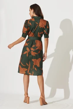 Sale Kristel Shirt Dress In Khaki With Rust Leaf Print Satin Dresses|Party