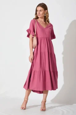 New Kristen Midi Smock Dress In Deep Rose Linen Blend Dresses|Casual