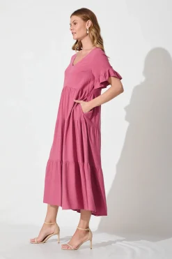 New Kristen Midi Smock Dress In Deep Rose Linen Blend Dresses|Casual