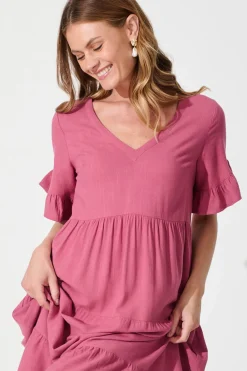 New Kristen Midi Smock Dress In Deep Rose Linen Blend Dresses|Casual