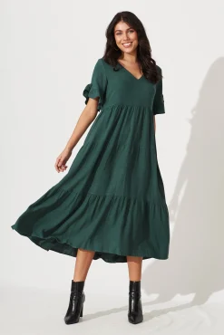 Sale Kristen Midi Smock Dress In Green Linen Blend Dresses|Casual