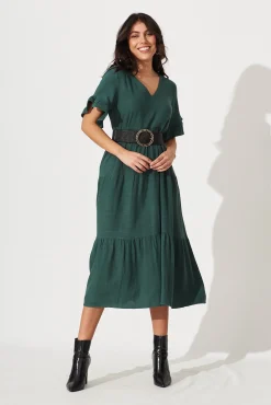 Sale Kristen Midi Smock Dress In Green Linen Blend Dresses|Casual