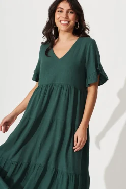 Sale Kristen Midi Smock Dress In Green Linen Blend Dresses|Casual