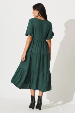 Sale Kristen Midi Smock Dress In Green Linen Blend Dresses|Casual