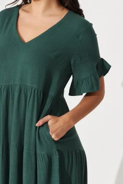 Sale Kristen Midi Smock Dress In Green Linen Blend Dresses|Casual