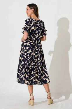 Outlet Kristen Midi Smock Dress In Beige With Navy Floral Dresses|Casual