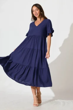 Hot Kristen Midi Smock Dress In Navy Linen Blend Dresses|Casual
