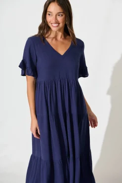 Hot Kristen Midi Smock Dress In Navy Linen Blend Dresses|Casual