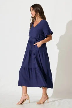 Hot Kristen Midi Smock Dress In Navy Linen Blend Dresses|Casual