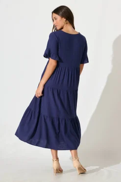 Hot Kristen Midi Smock Dress In Navy Linen Blend Dresses|Casual
