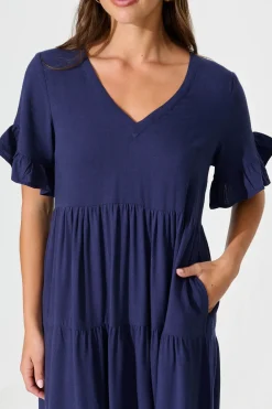 Hot Kristen Midi Smock Dress In Navy Linen Blend Dresses|Casual