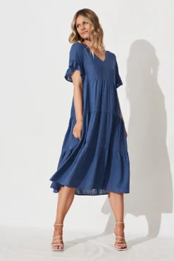 Sale Kristen Midi Smock Dress In Blue Linen Blend Dresses|Casual
