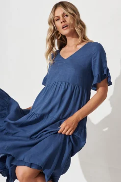 Sale Kristen Midi Smock Dress In Blue Linen Blend Dresses|Casual
