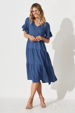 Sale Kristen Midi Smock Dress In Blue Linen Blend Dresses|Casual