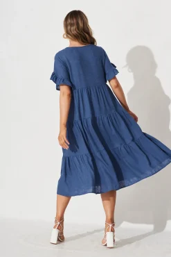 Sale Kristen Midi Smock Dress In Blue Linen Blend Dresses|Casual