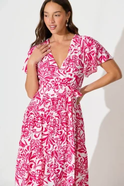 Hot Kristianne Midi Dress In White With Pink Floral Dresses|Casual