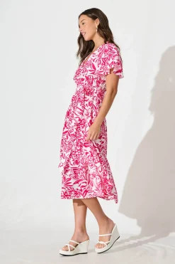 Hot Kristianne Midi Dress In White With Pink Floral Dresses|Casual