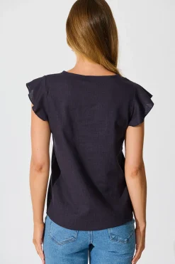 Hot Kylie Top in Navy Linen Blend Tops|Workwear