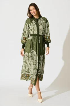 Outlet La Palma Maxi Shirt Dress in Green Leaf Border Print Dresses|Party