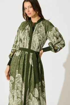 Outlet La Palma Maxi Shirt Dress in Green Leaf Border Print Dresses|Party