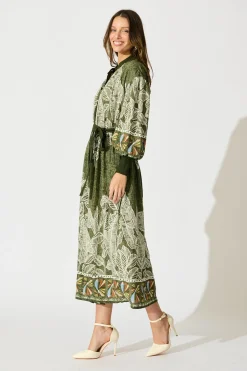 Outlet La Palma Maxi Shirt Dress in Green Leaf Border Print Dresses|Party