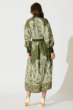 Outlet La Palma Maxi Shirt Dress in Green Leaf Border Print Dresses|Party
