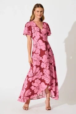 New Labyrinth Maxi Wrap Dress in Wine with Pink Floral Dresses|Casual