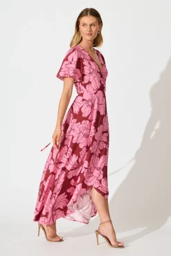 New Labyrinth Maxi Wrap Dress in Wine with Pink Floral Dresses|Casual