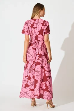 New Labyrinth Maxi Wrap Dress in Wine with Pink Floral Dresses|Casual
