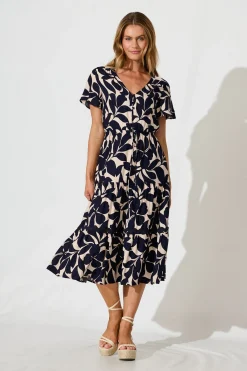 New Laconia Midi Dress In Navy Leaf With Ric Rac Trim Dresses|Casual