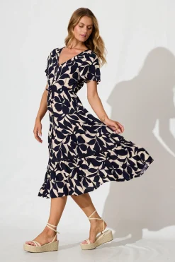 New Laconia Midi Dress In Navy Leaf With Ric Rac Trim Dresses|Casual