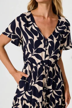 New Laconia Midi Dress In Navy Leaf With Ric Rac Trim Dresses|Casual